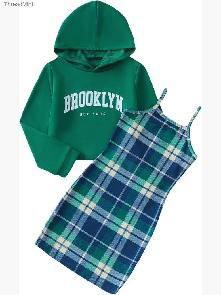 Girls 2 Piece Outfits Cami Dress Hoodie Set Plaid Bodycon Crop Top Sweatshirt